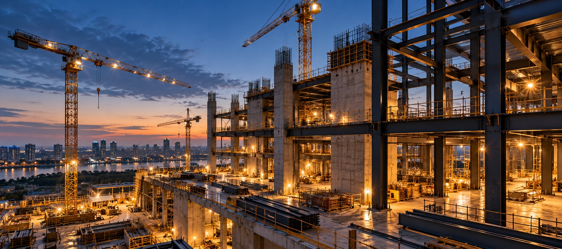Contemporary construction site at blue hour
