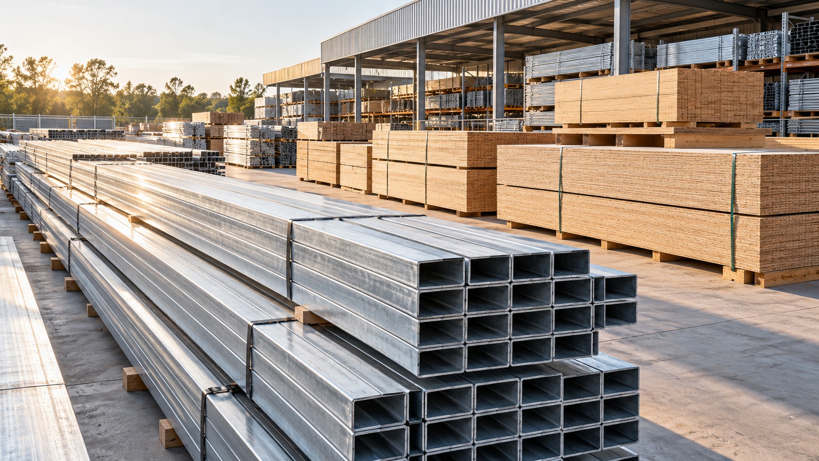 Neatly stored steel sections and building materials