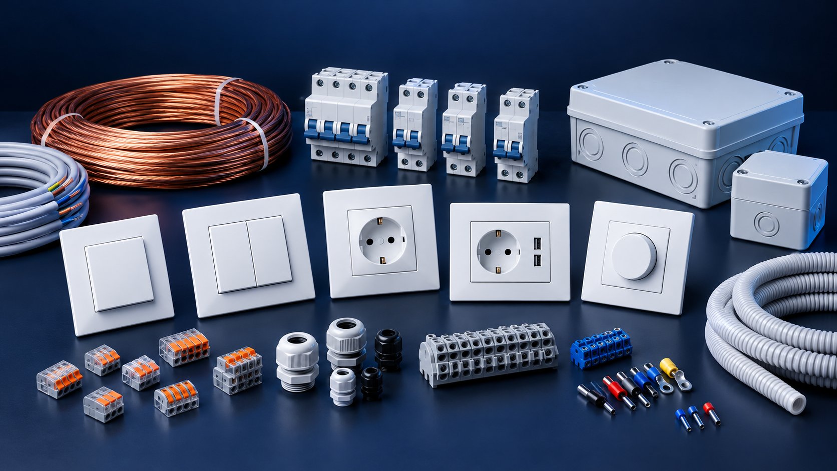 Electrical installation items such as switches, sockets, cables and connectors
