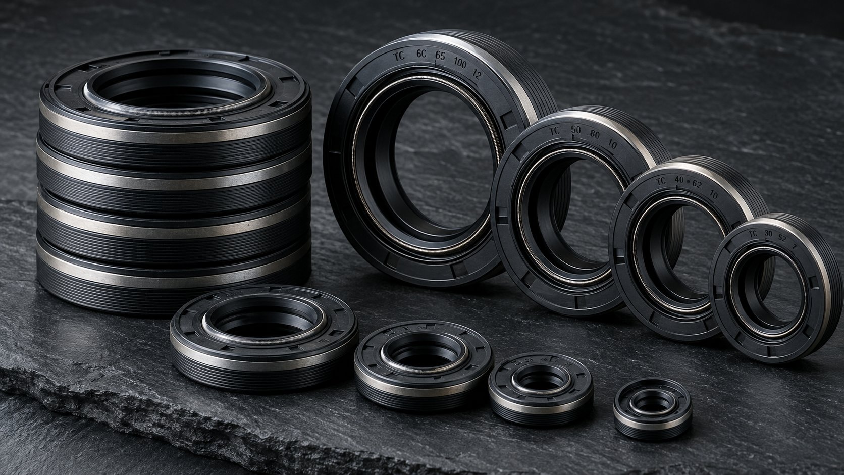 Black rubber rotary shaft oil seals with metal reinforcement rings in several diameters