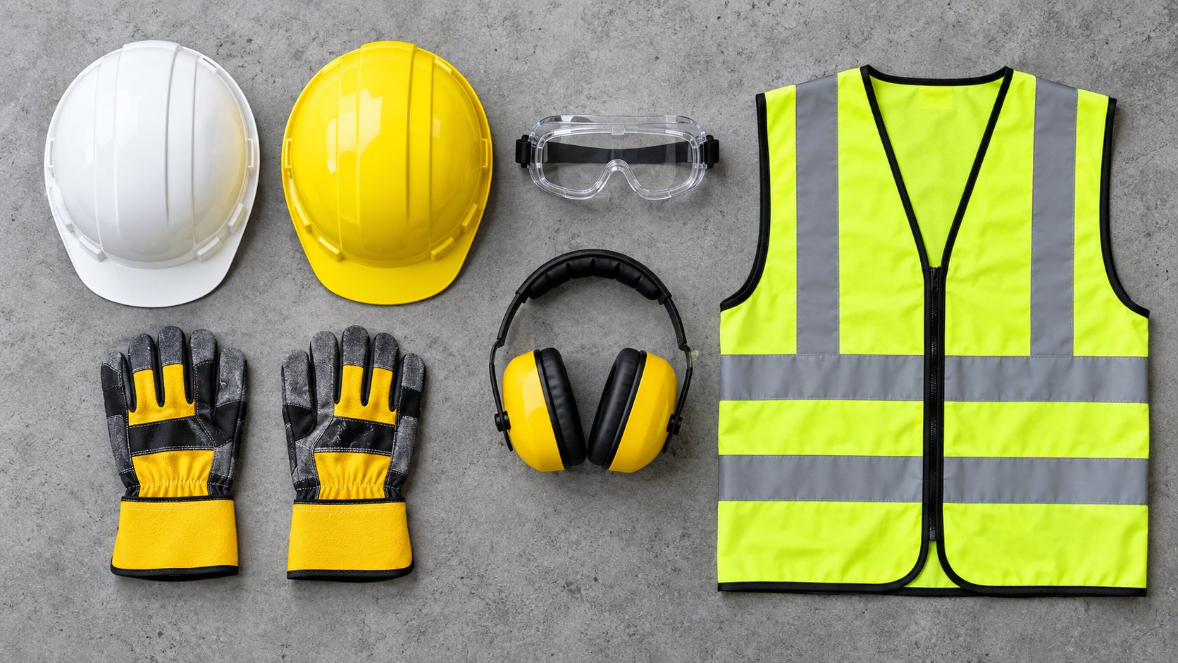 Workplace safety products including hard hats, gloves, goggles and a reflective vest